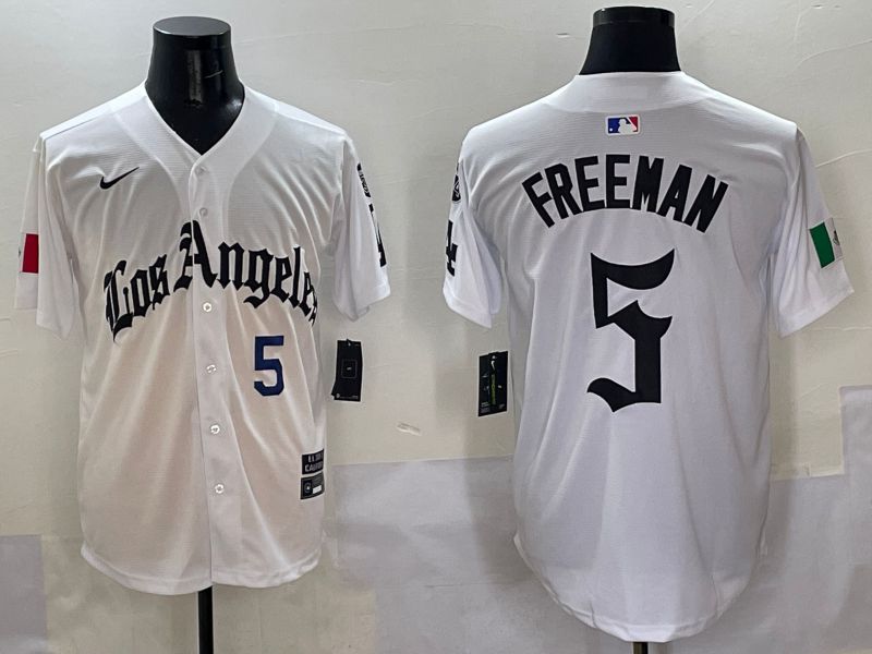 Men Los Angeles Dodgers #5 Freeman White Five generations Joint Name 2025 Nike MLB Jersey style 4